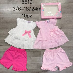 Completo Estivo 2 Pezzi Bambina in Pizzo Sangallo con Fiocco e Shorts