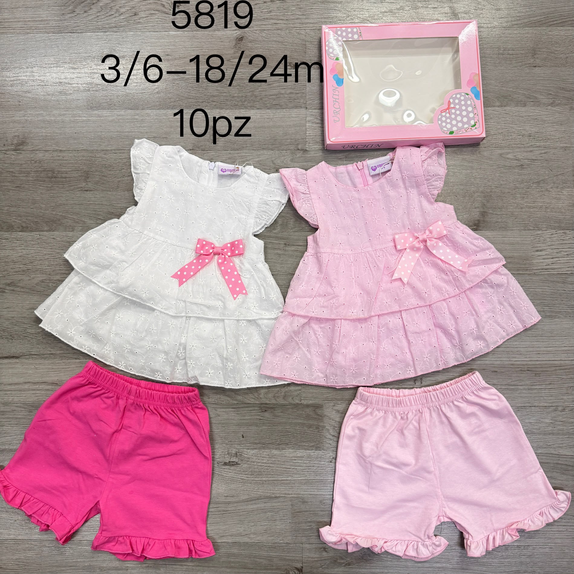 Completo Estivo 2 Pezzi Bambina in Pizzo Sangallo con Fiocco e Shorts