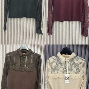 Maglia Elegante in Pizzo e Maglina con Collo Coreana e Goccia